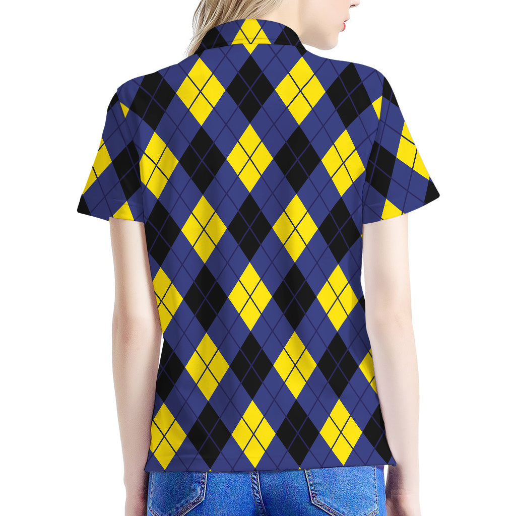 Blue Black And Yellow Argyle Print Women's Polo Shirt