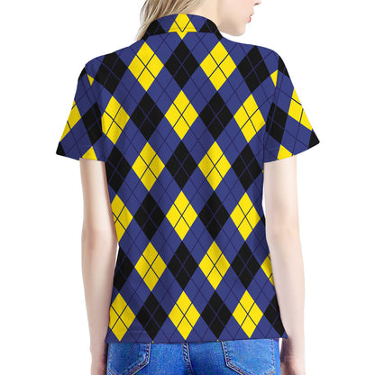 Blue Black And Yellow Argyle Print Women's Polo Shirt