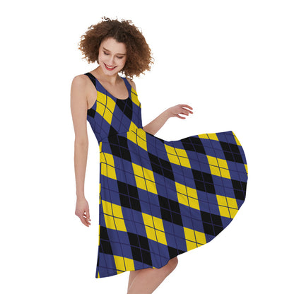 Blue Black And Yellow Argyle Print Women's Sleeveless Dress