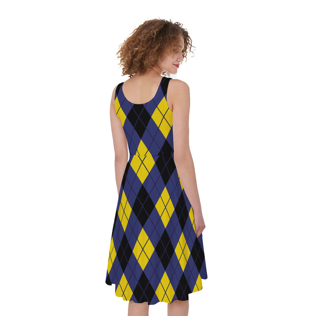 Blue Black And Yellow Argyle Print Women's Sleeveless Dress