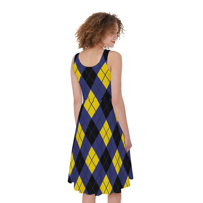 Blue Black And Yellow Argyle Print Women's Sleeveless Dress