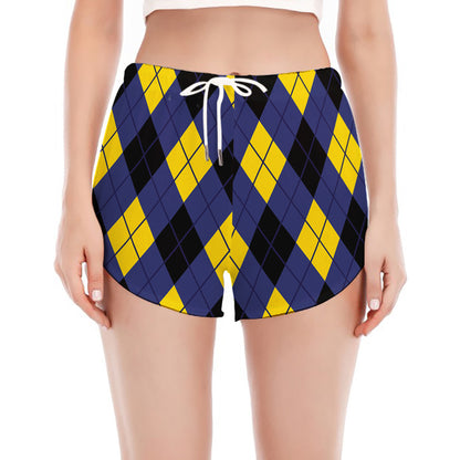 Blue Black And Yellow Argyle Print Women's Split Running Shorts