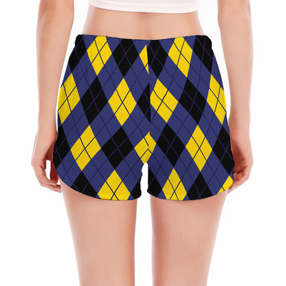 Blue Black And Yellow Argyle Print Women's Split Running Shorts