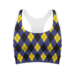 Blue Black And Yellow Argyle Print Women's Sports Bra