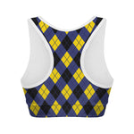 Blue Black And Yellow Argyle Print Women's Sports Bra