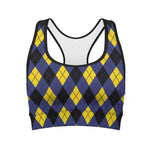Blue Black And Yellow Argyle Print Women's Sports Bra