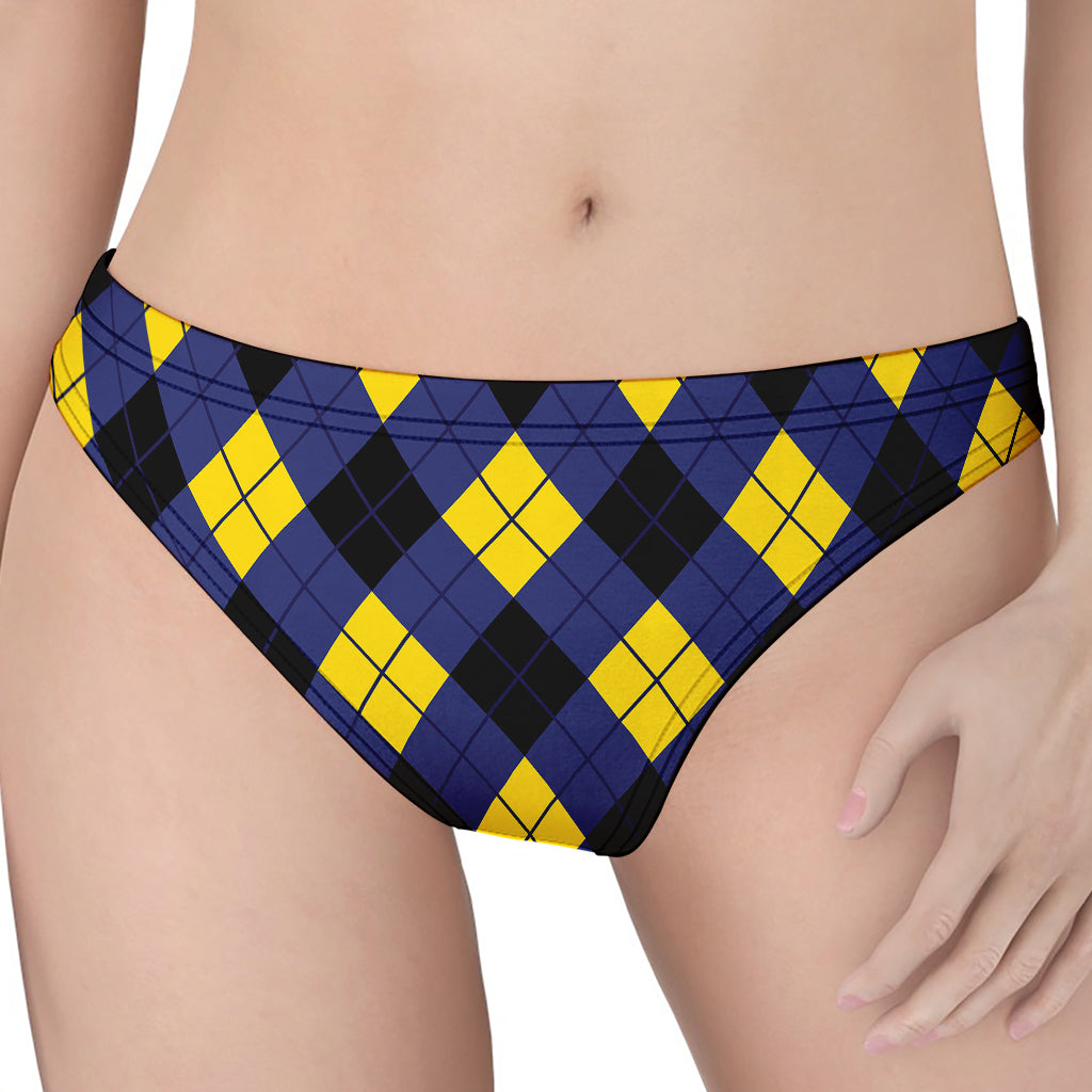 Blue Black And Yellow Argyle Print Women's Thong