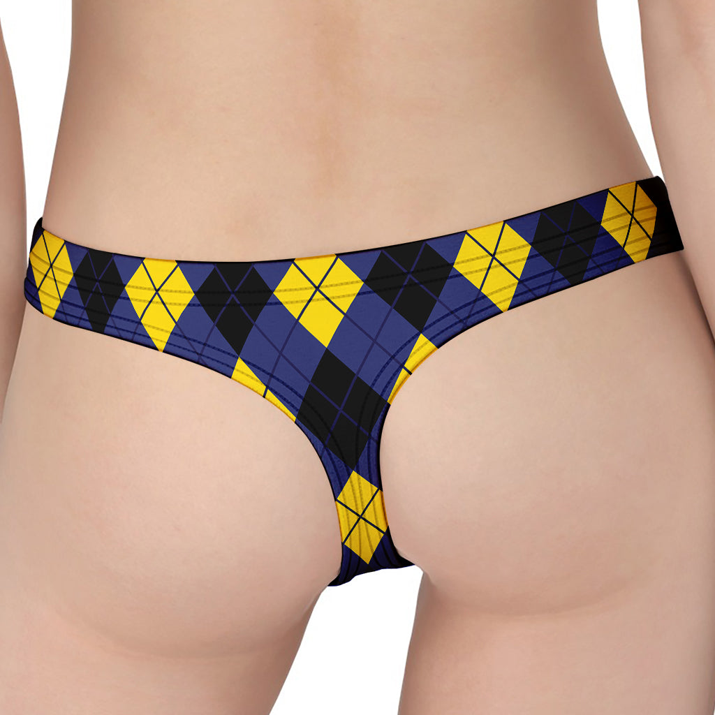 Blue Black And Yellow Argyle Print Women's Thong