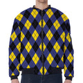 Blue Black And Yellow Argyle Print Zip Sleeve Bomber Jacket