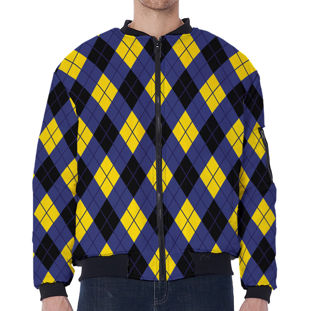 Blue Black And Yellow Argyle Print Zip Sleeve Bomber Jacket