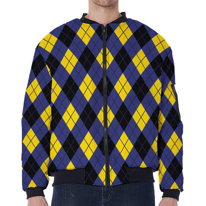 Blue Black And Yellow Argyle Print Zip Sleeve Bomber Jacket