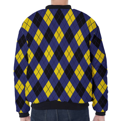 Blue Black And Yellow Argyle Print Zip Sleeve Bomber Jacket