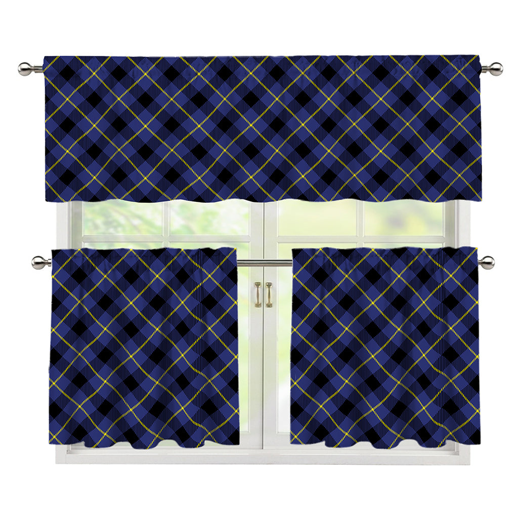 Blue Black And Yellow Plaid Print 3 Piece Kitchen Curtains