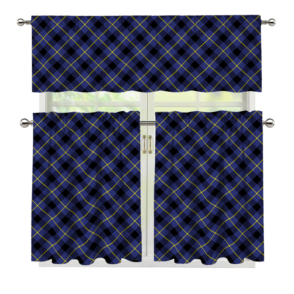 Blue Black And Yellow Plaid Print 3 Piece Kitchen Curtains