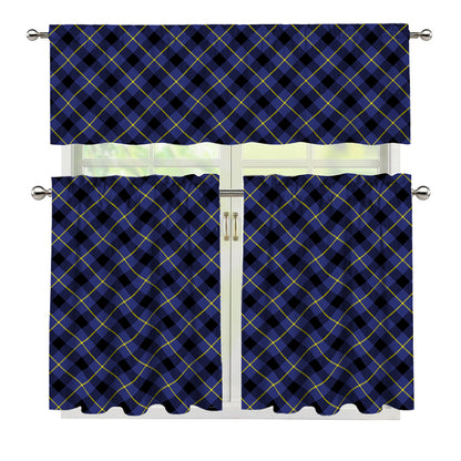 Blue Black And Yellow Plaid Print 3 Piece Kitchen Curtains