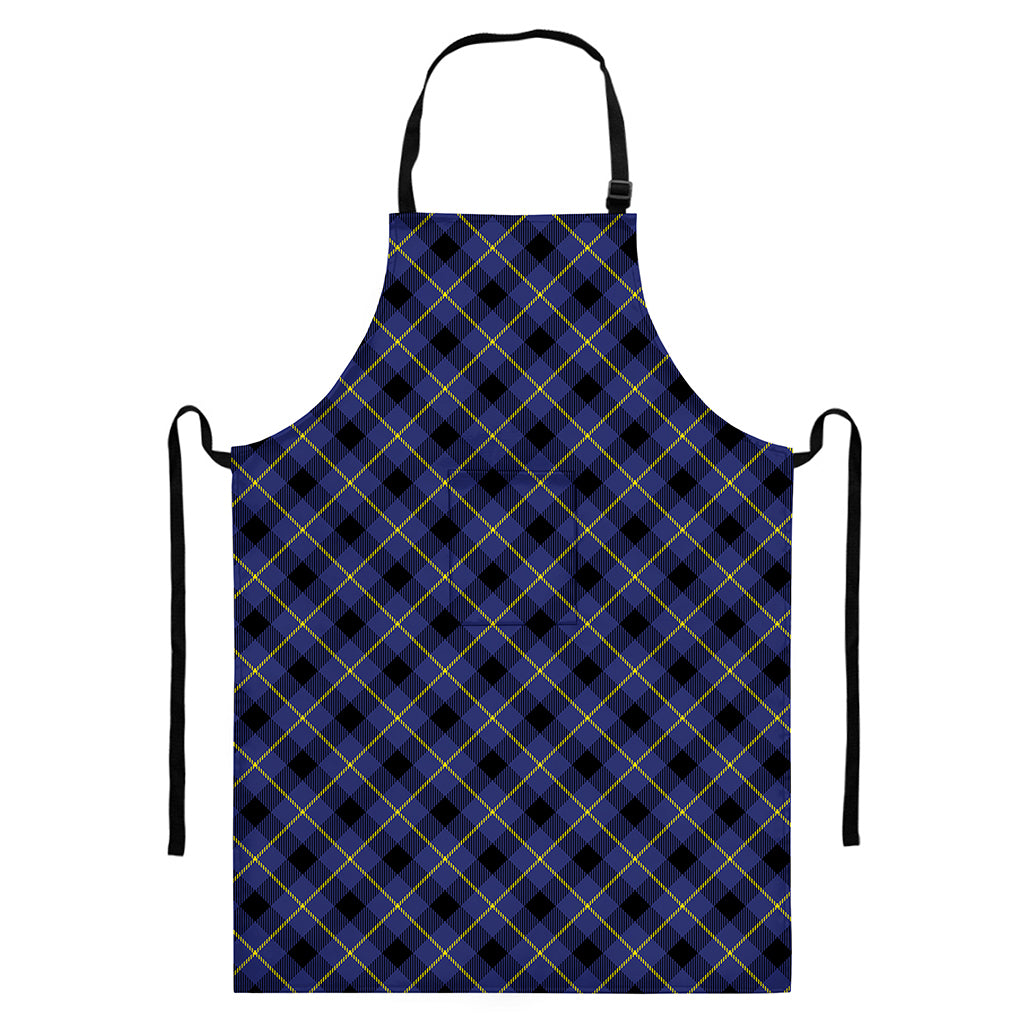 Blue Black And Yellow Plaid Print Bib Apron With Pocket