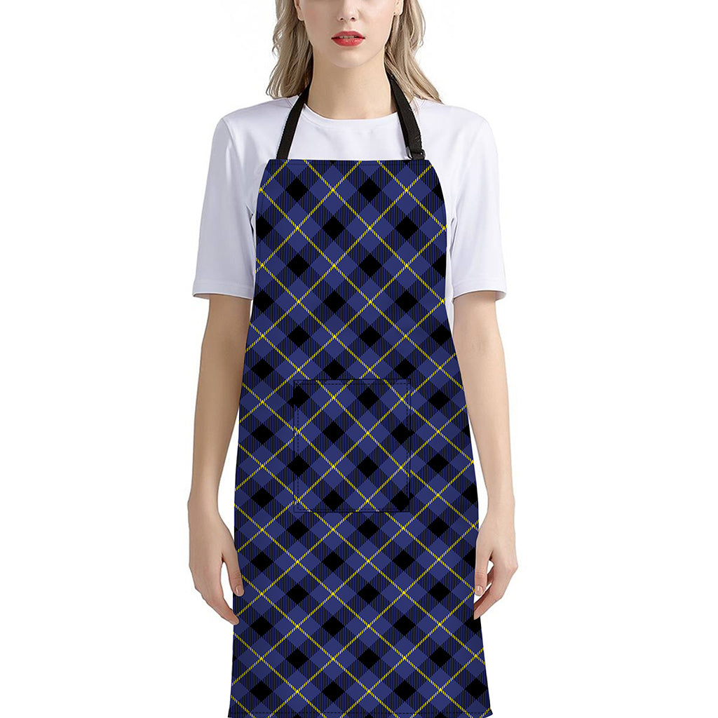 Blue Black And Yellow Plaid Print Bib Apron With Pocket