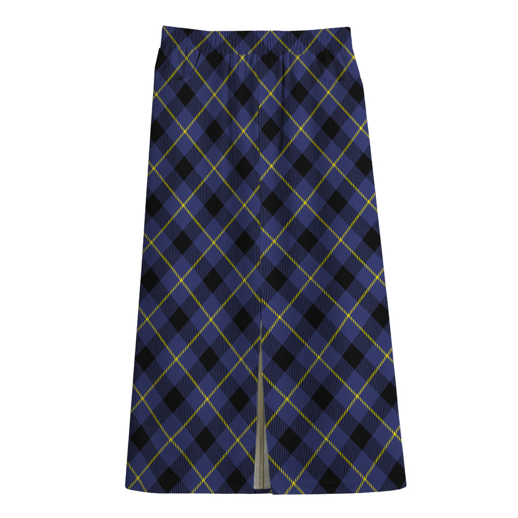 Blue Black And Yellow Plaid Print Cotton Front Slit Maxi Skirt