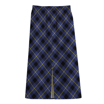 Blue Black And Yellow Plaid Print Cotton Front Slit Maxi Skirt