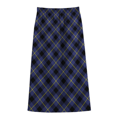 Blue Black And Yellow Plaid Print Cotton Front Slit Maxi Skirt