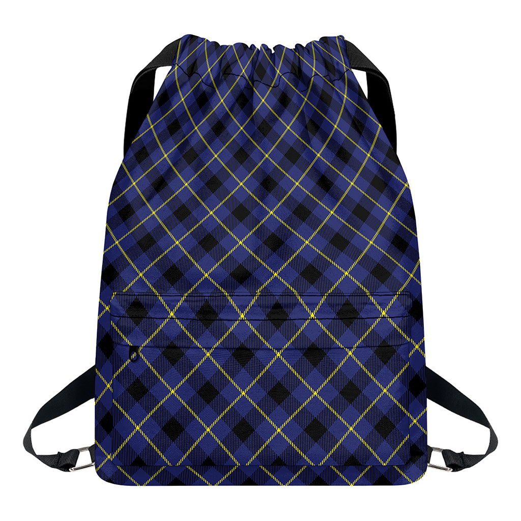 Blue Black And Yellow Plaid Print Drawstring Backpack