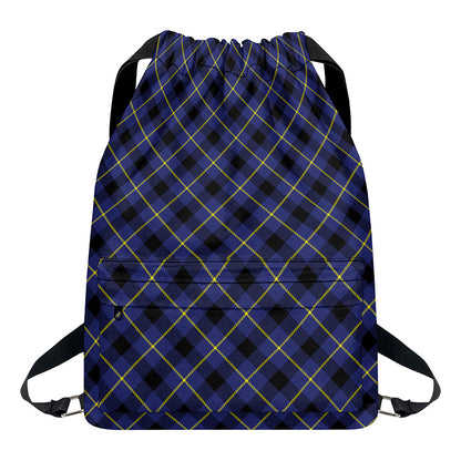 Blue Black And Yellow Plaid Print Drawstring Backpack