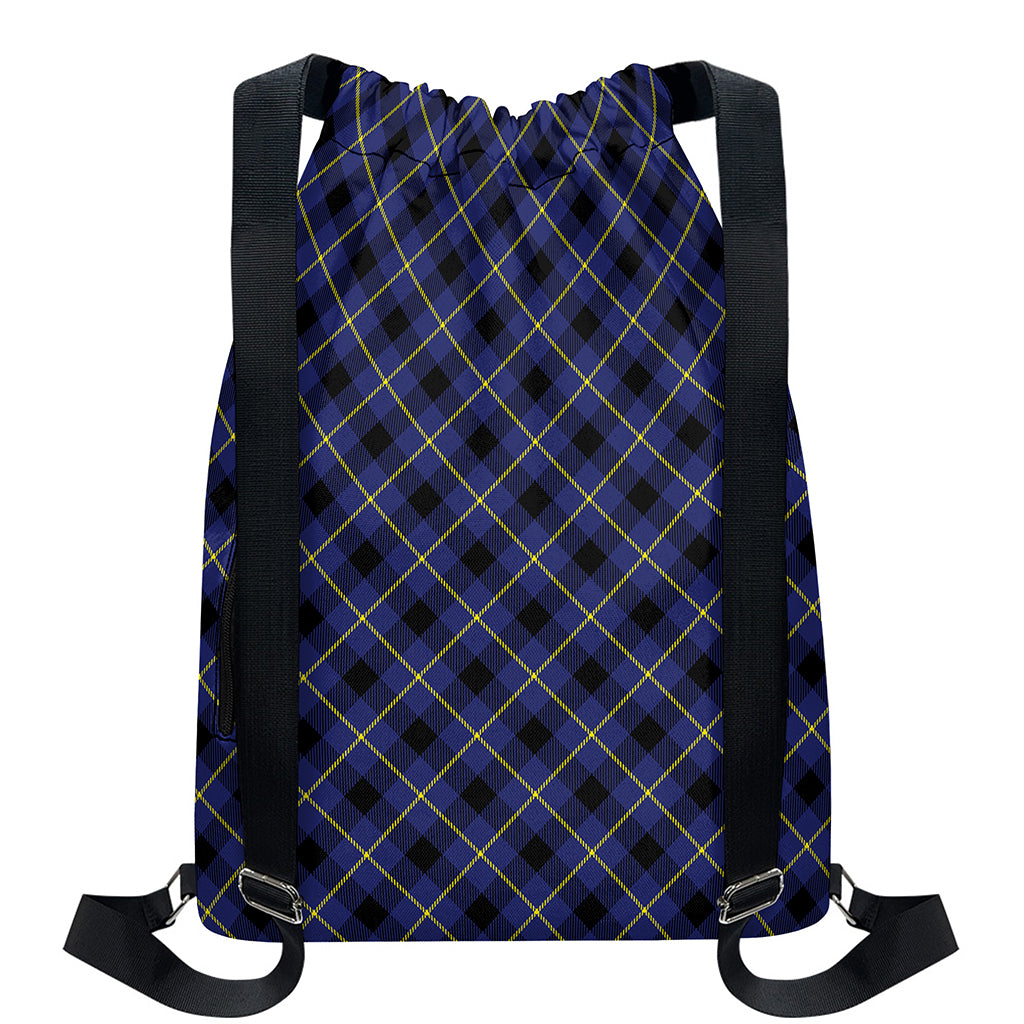 Blue Black And Yellow Plaid Print Drawstring Backpack