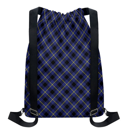 Blue Black And Yellow Plaid Print Drawstring Backpack