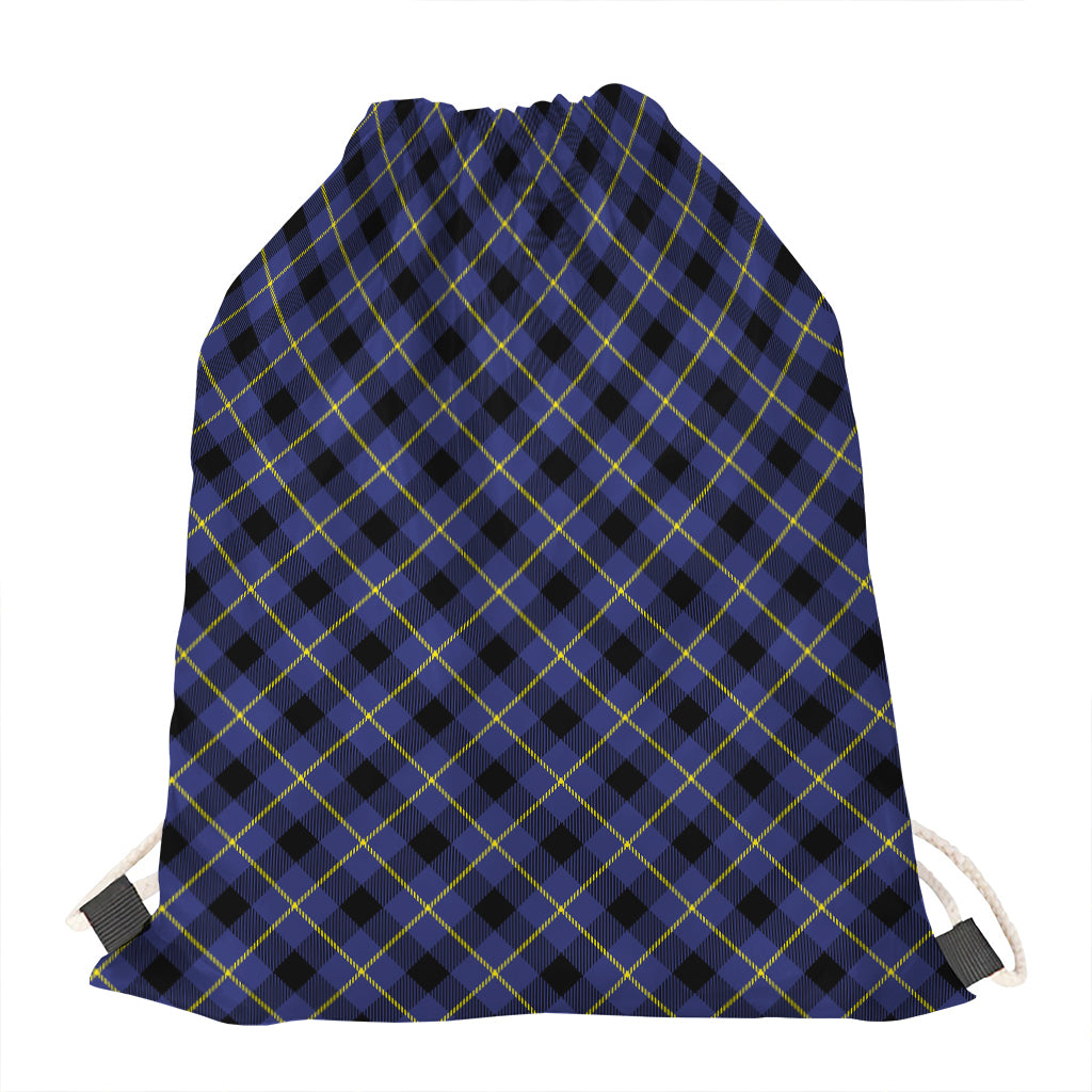Blue Black And Yellow Plaid Print Drawstring Bag