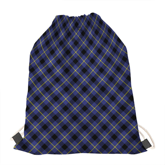 Blue Black And Yellow Plaid Print Drawstring Bag