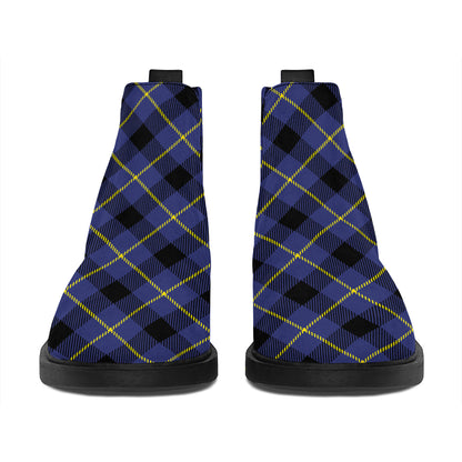 Blue Black And Yellow Plaid Print Flat Ankle Boots