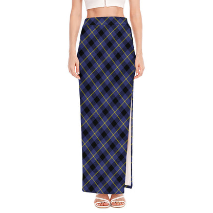 Blue Black And Yellow Plaid Print High Slit Maxi Skirt