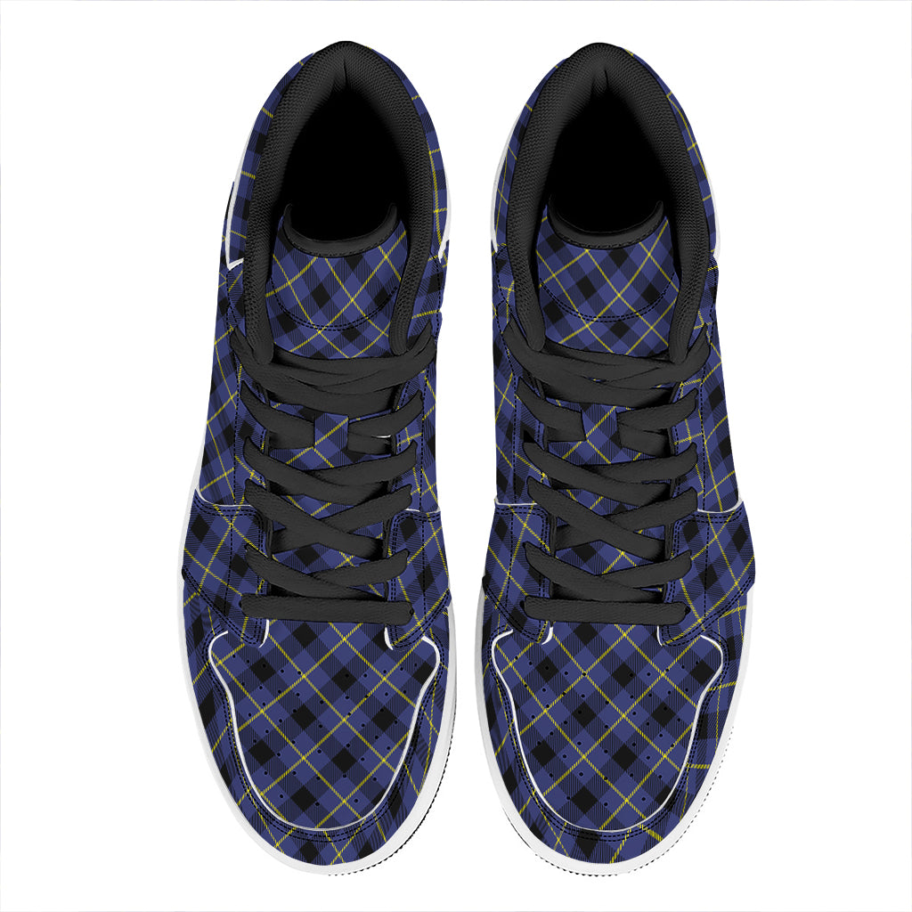 Blue Black And Yellow Plaid Print High Top Leather Sneakers