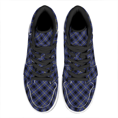 Blue Black And Yellow Plaid Print High Top Leather Sneakers