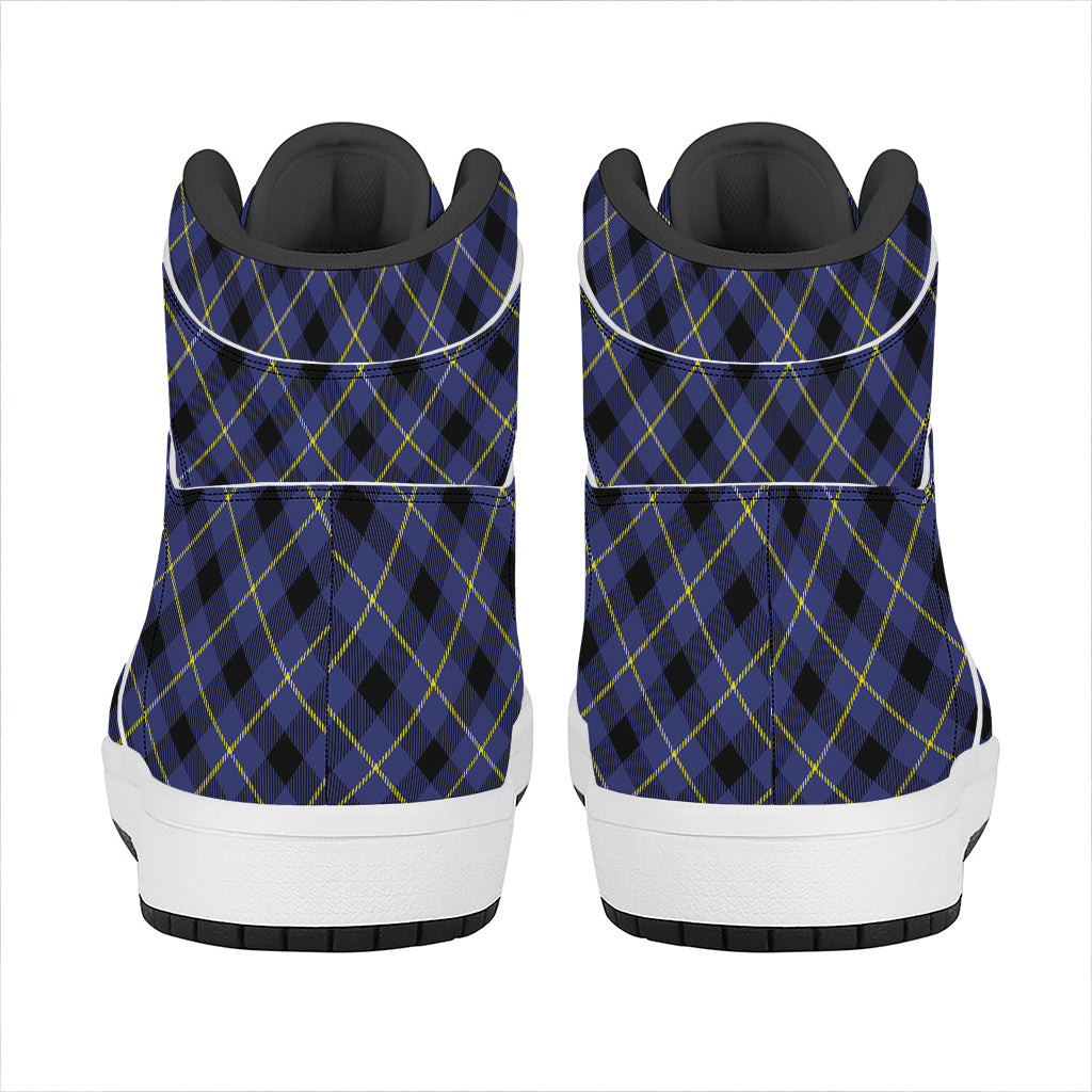 Blue Black And Yellow Plaid Print High Top Leather Sneakers
