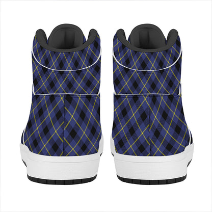 Blue Black And Yellow Plaid Print High Top Leather Sneakers