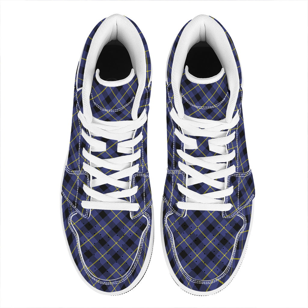 Blue Black And Yellow Plaid Print High Top Leather Sneakers