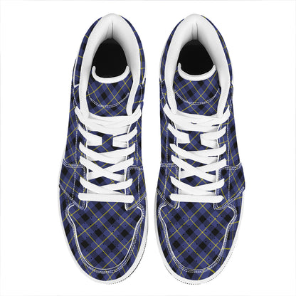 Blue Black And Yellow Plaid Print High Top Leather Sneakers