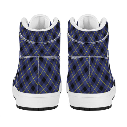 Blue Black And Yellow Plaid Print High Top Leather Sneakers