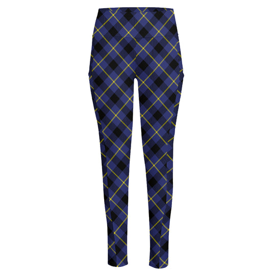 Blue Black And Yellow Plaid Print High-Waisted Pocket Leggings
