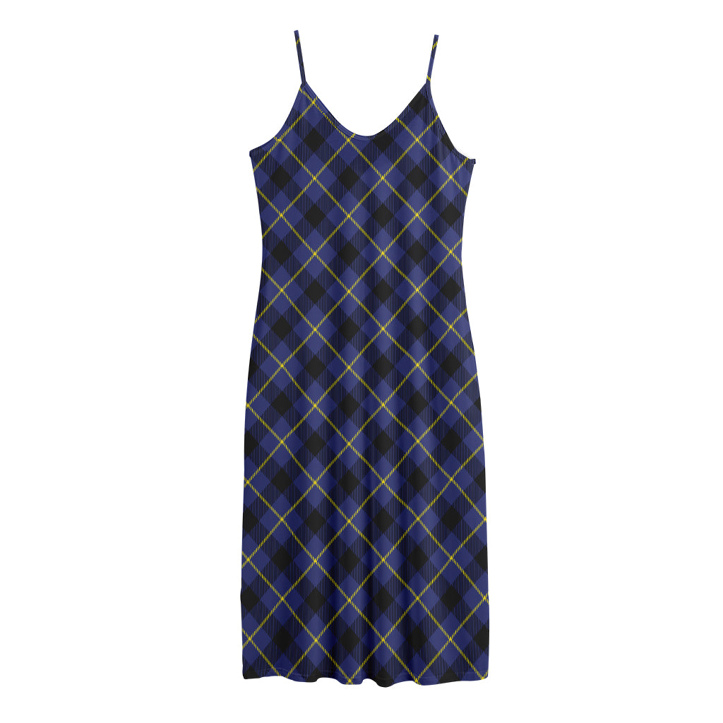 Blue Black And Yellow Plaid Print Jersey Midi Cami Dress