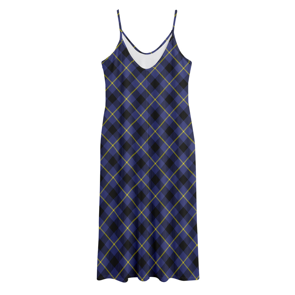 Blue Black And Yellow Plaid Print Jersey Midi Cami Dress