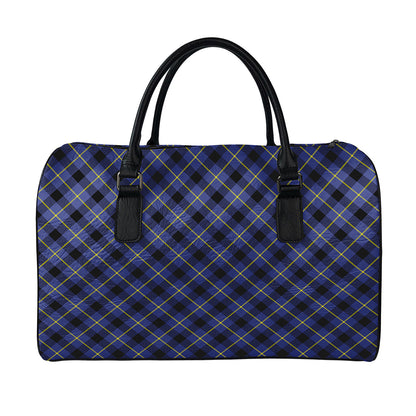 Blue Black And Yellow Plaid Print Leather Duffle Bag
