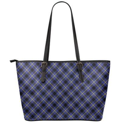 Blue Black And Yellow Plaid Print Leather Tote Bag
