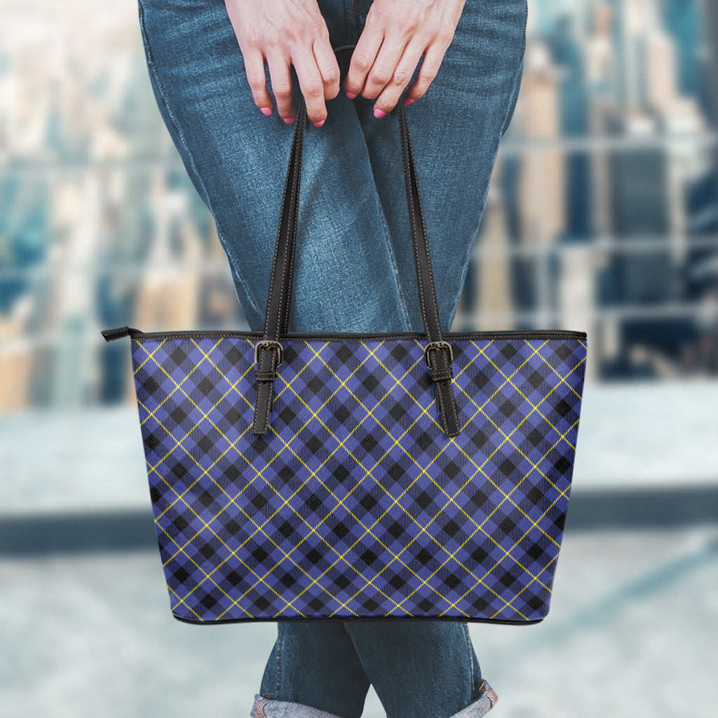 Blue Black And Yellow Plaid Print Leather Tote Bag