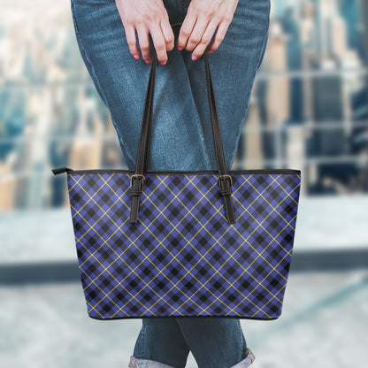 Blue Black And Yellow Plaid Print Leather Tote Bag
