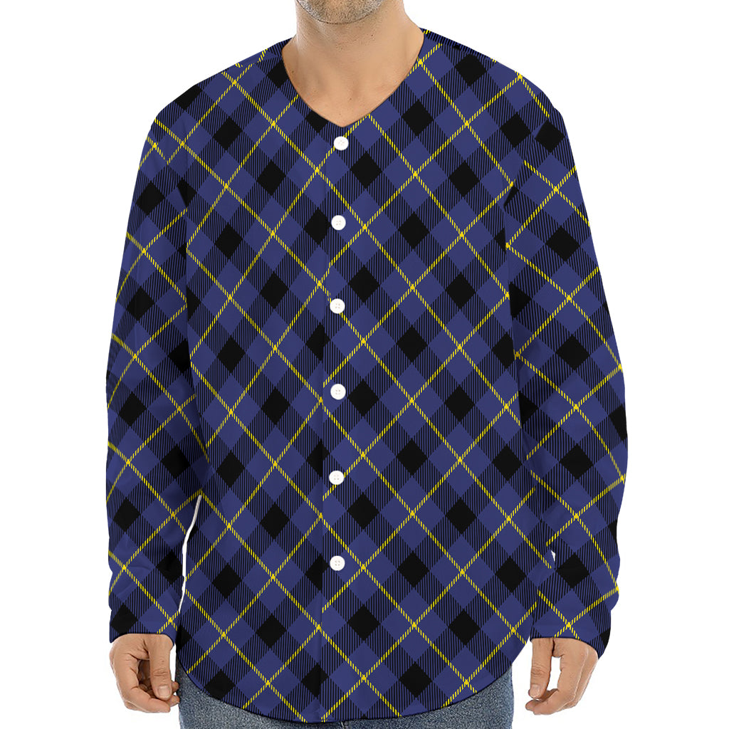 Blue Black And Yellow Plaid Print Long Sleeve Baseball Jersey