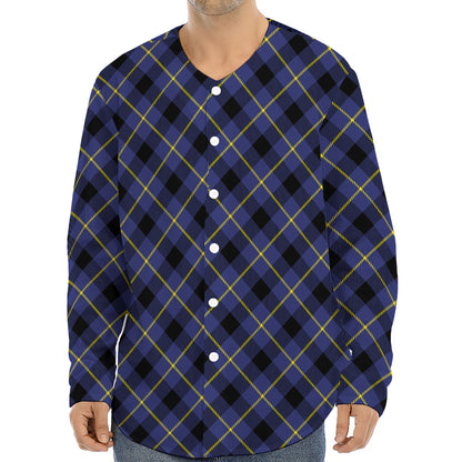Blue Black And Yellow Plaid Print Long Sleeve Baseball Jersey