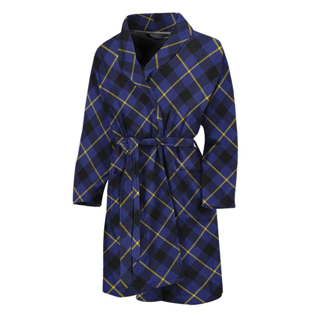 Blue Black And Yellow Plaid Print Men's Bathrobe