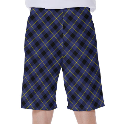 Blue Black And Yellow Plaid Print Men's Beach Shorts